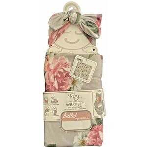 Toby Fairy Newborn Floral Headband and Wrap Set in Gray w/ Pink Flowers